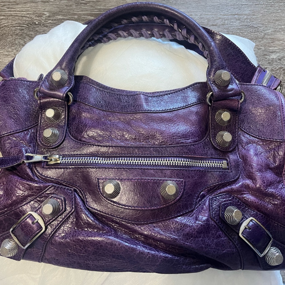 2008 sapphire Balenciaga motorcycle bag with silver chunky hardware